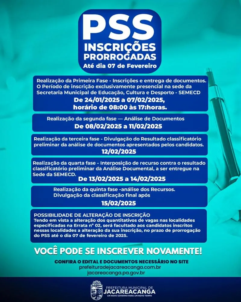 PSS DE JACAREACANGA PRORROGA INSCRIÇÕES 